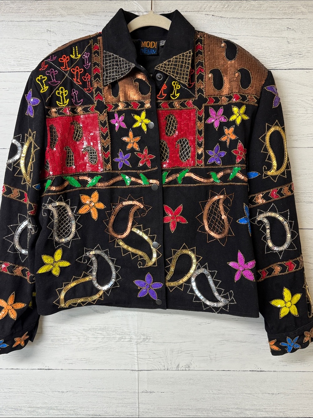 Vintage Modi Denim Black Art to Wear Embroidered Jacket